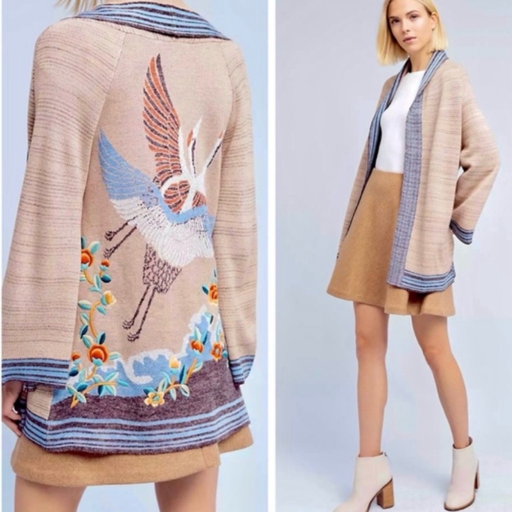 Anthropologie Embroidered Crane Cardigan NWOT - Picture 3 of 14
